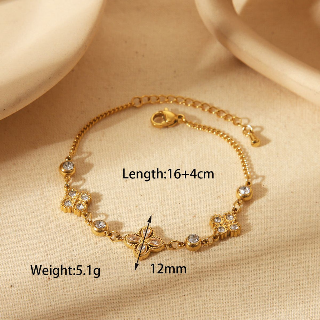 French Style Four Leaf Flower  Stainless Steel Zircon 18K Gold Plated  Bracelets
