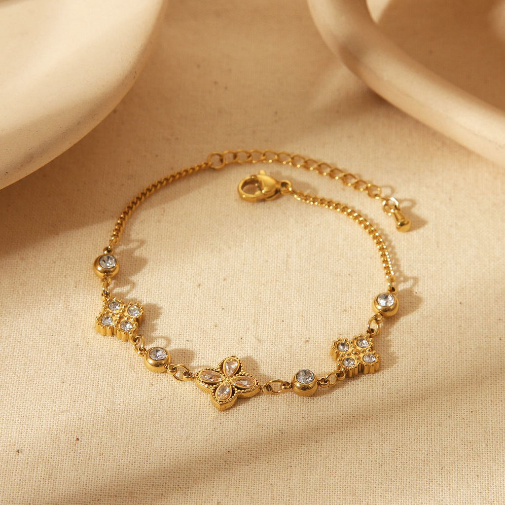 French Style Four Leaf Flower  Stainless Steel Zircon 18K Gold Plated  Bracelets