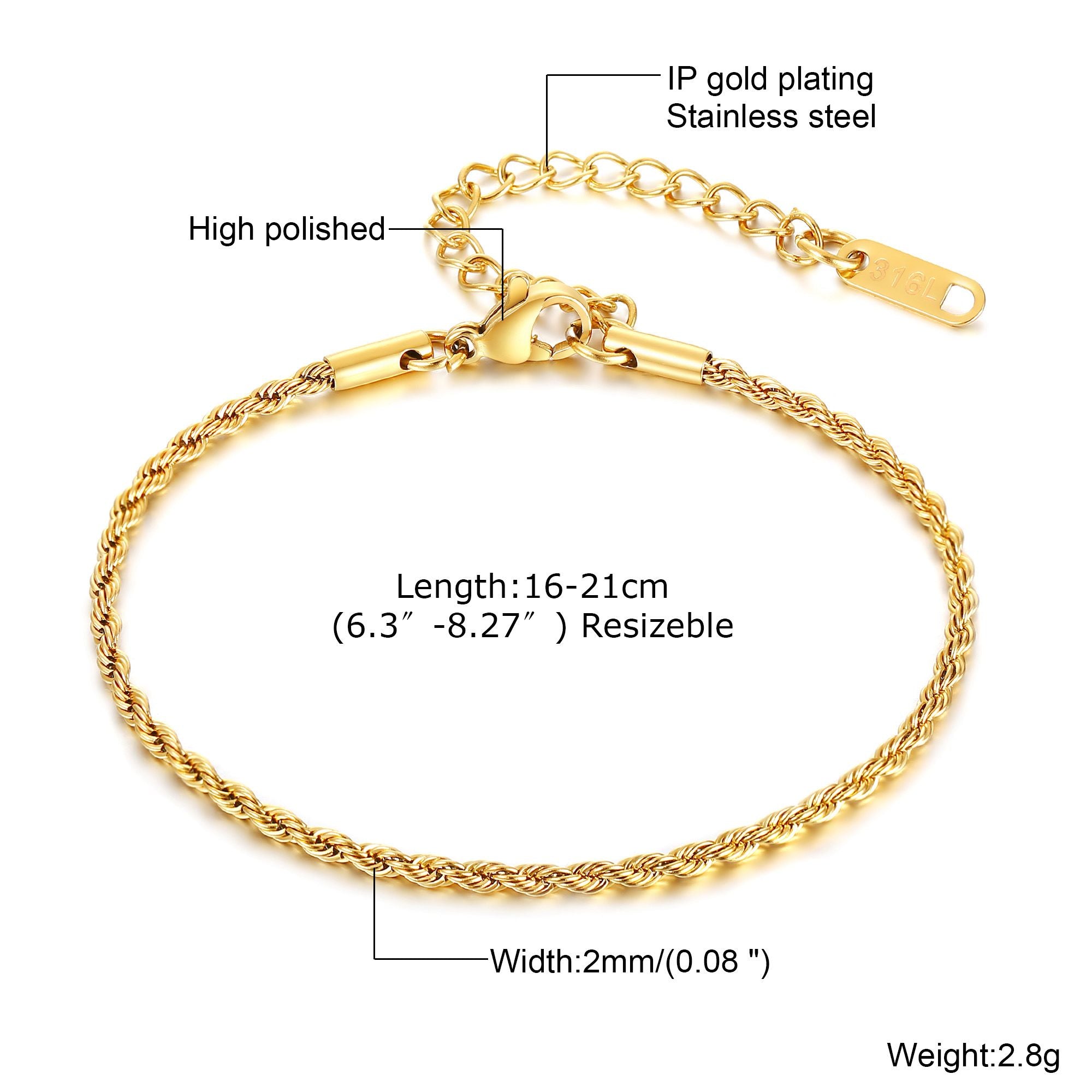 Twisted Chain Bracelet 2mm wide 18K Gold Plated  Bracelets